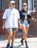 Hailey Baldwin with Justin Bieber in Denim Shorts Out in NYC
