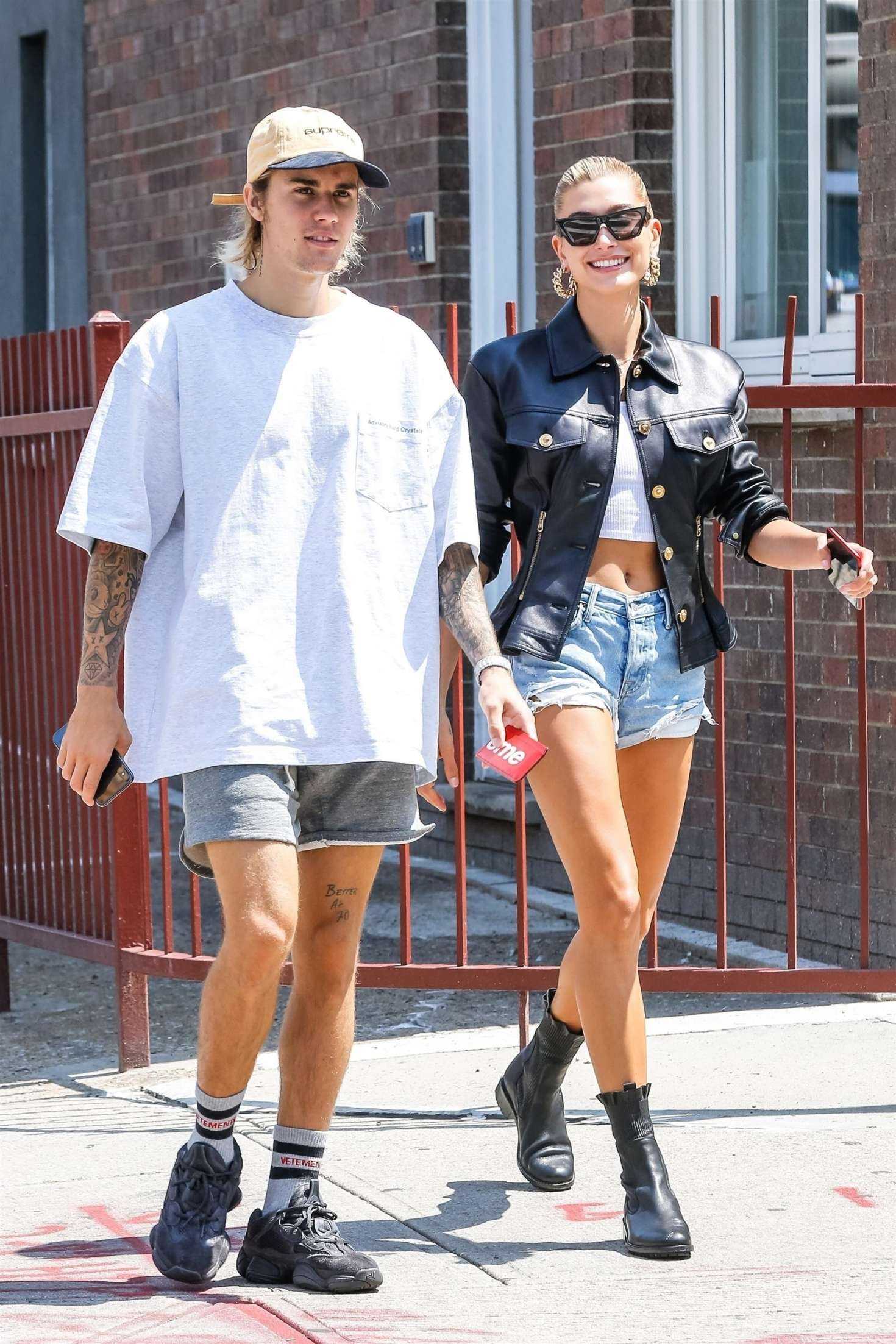 Hailey Baldwin with Justin Bieber in Denim Shorts Out in NYC