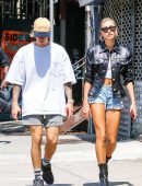 Hailey Baldwin with Justin Bieber in Denim Shorts Out in NYC