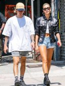 Hailey Baldwin with Justin Bieber in Denim Shorts Out in NYC