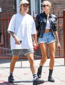 Hailey Baldwin with Justin Bieber in Denim Shorts Out in NYC