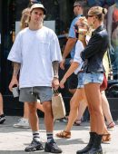 Hailey Baldwin with Justin Bieber in Denim Shorts Out in NYC