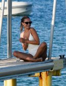 Kimberley Garner Booty in White Swimsuit at the Beach in Saint Tropez