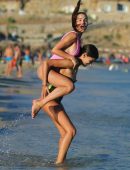 Silvia Caruso in Pink Swimsuit at the Beach in Mykonos