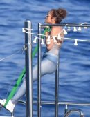 Jennifer Lopez in Green Swimsuit on a Yacht in Italy
