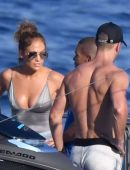Jennifer Lopez in Green Swimsuit on a Yacht in Italy