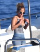 Jennifer Lopez in Green Swimsuit on a Yacht in Italy
