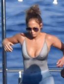 Jennifer Lopez in Green Swimsuit on a Yacht in Italy