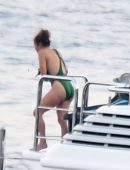 Jennifer Lopez in Green Swimsuit on a Yacht in Italy