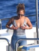 Jennifer Lopez in Green Swimsuit on a Yacht in Italy