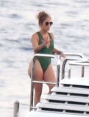 Jennifer Lopez in Green Swimsuit on a Yacht in Italy