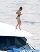 Jennifer Lopez in Green Swimsuit on a Yacht in Italy