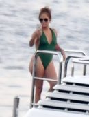 Jennifer Lopez in Green Swimsuit on a Yacht in Italy