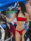 Kim Turnbull in Red Bikini at a Beach in Barbados