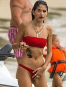 Kim Turnbull in Red Bikini at a Beach in Barbados