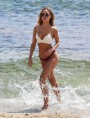Kimberley Garner in Red and White Bikini at Beach in Mykonos