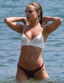 Kimberley Garner in Red and White Bikini at Beach in Mykonos