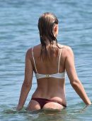 Kimberley Garner in Red and White Bikini at Beach in Mykonos