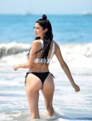 Nicole Williams in Black and White Bikini on Vacation at Beach in Mykonos