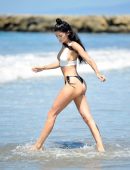 Nicole Williams in Black and White Bikini on Vacation at Beach in Mykonos