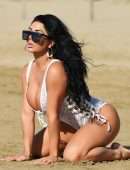 Grace J Teal in See-Through White Lingerie Bikini at Beach on Holidays in Spain