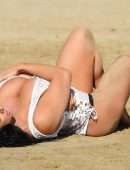 Grace J Teal in See-Through White Lingerie Bikini at Beach on Holidays in Spain