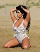 Grace J Teal in See-Through White Lingerie Bikini at Beach on Holidays in Spain