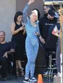 Miley Cyrus Filming on a Movie Set in Los Angeles