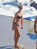Shauna Sexton in Black Bikini with Dogs on the Beach in Malibu