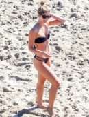 Shauna Sexton in Black Bikini with Dogs on the Beach in Malibu