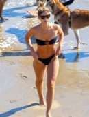 Shauna Sexton in Black Bikini with Dogs on the Beach in Malibu