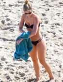 Shauna Sexton in Black Bikini with Dogs on the Beach in Malibu