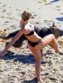 Shauna Sexton in Black Bikini with Dogs on the Beach in Malibu