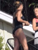Sofia Richie in Black Swimsuit at a Pool Party in Malibu