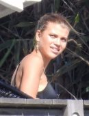 Sofia Richie in Black Swimsuit at a Pool Party in Malibu