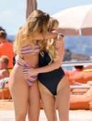 Zara McDermott and Ellie Brown in Bikini and Swimsuit at a Pool in Ibiza