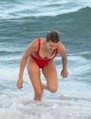 Eugenie Bouchard Booty in Red Bikini at the Beach in Miami