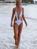 Lady Victoria Hervey in White Swimsuit on a Beach in Barbados