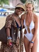 Lady Victoria Hervey in White Swimsuit on a Beach in Barbados