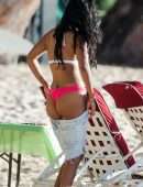 Maya Jama in Thong Bikini on the Beach in Barbados