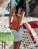 Maya Jama in Thong Bikini on the Beach in Barbados