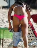 Maya Jama in Thong Bikini on the Beach in Barbados