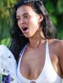 Maya Jama in Thong Bikini on the Beach in Barbados