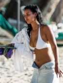 Maya Jama in Thong Bikini on the Beach in Barbados