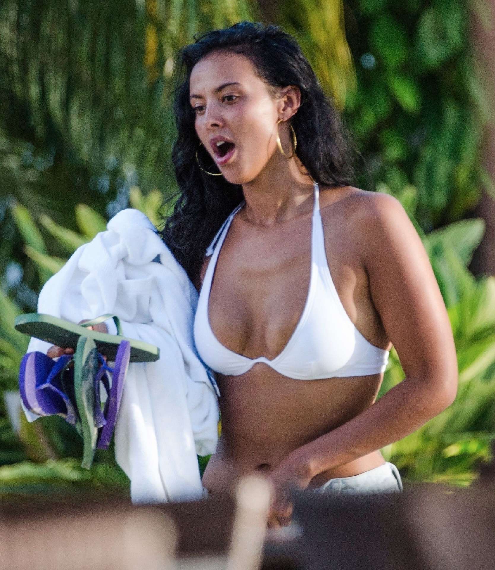 Maya Jama in Thong Bikini on the Beach in Barbados
