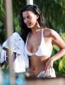 Maya Jama in Thong Bikini on the Beach in Barbados