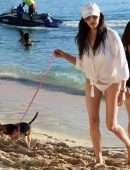 Lauren Silverman in White Bikini, Walking her Dog at Beach in Barbados