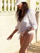 Lauren Silverman in White Bikini, Walking her Dog at Beach in Barbados