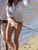Lauren Silverman in White Bikini, Walking her Dog at Beach in Barbados