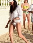 Lauren Silverman in White Bikini, Walking her Dog at Beach in Barbados